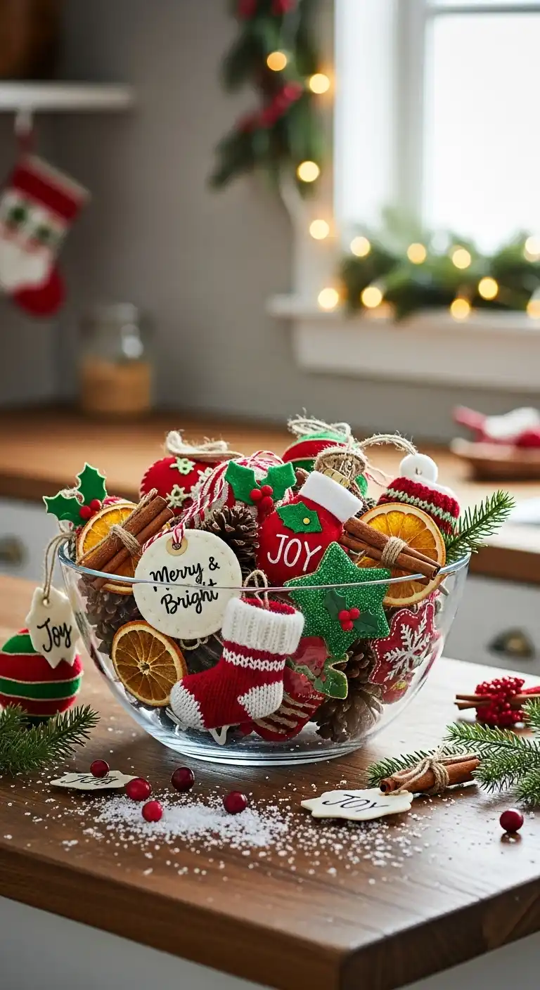 12. Handmade Ornaments Displayed in a Clear Bowl