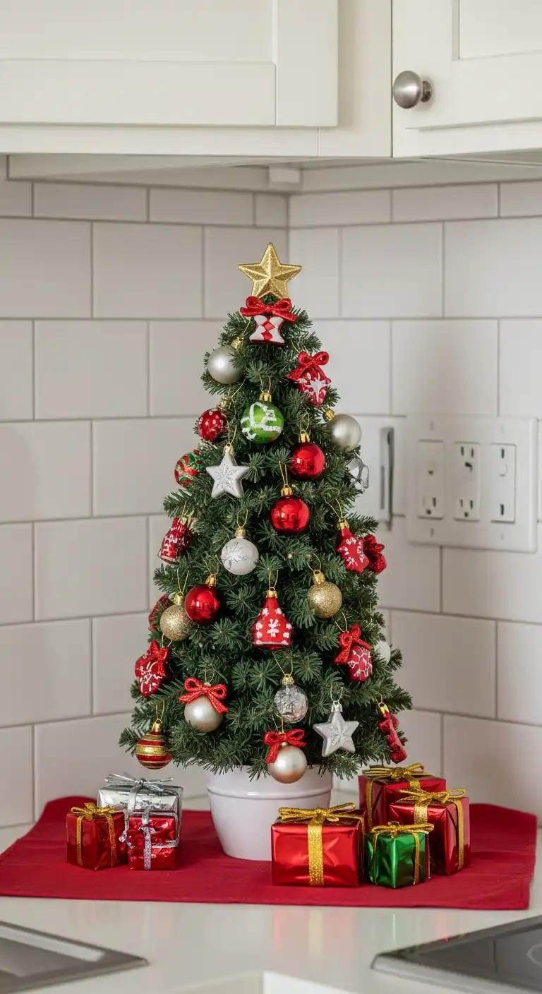 12. Miniature Christmas Tree Covered in Ornaments for the Kitchen Corner