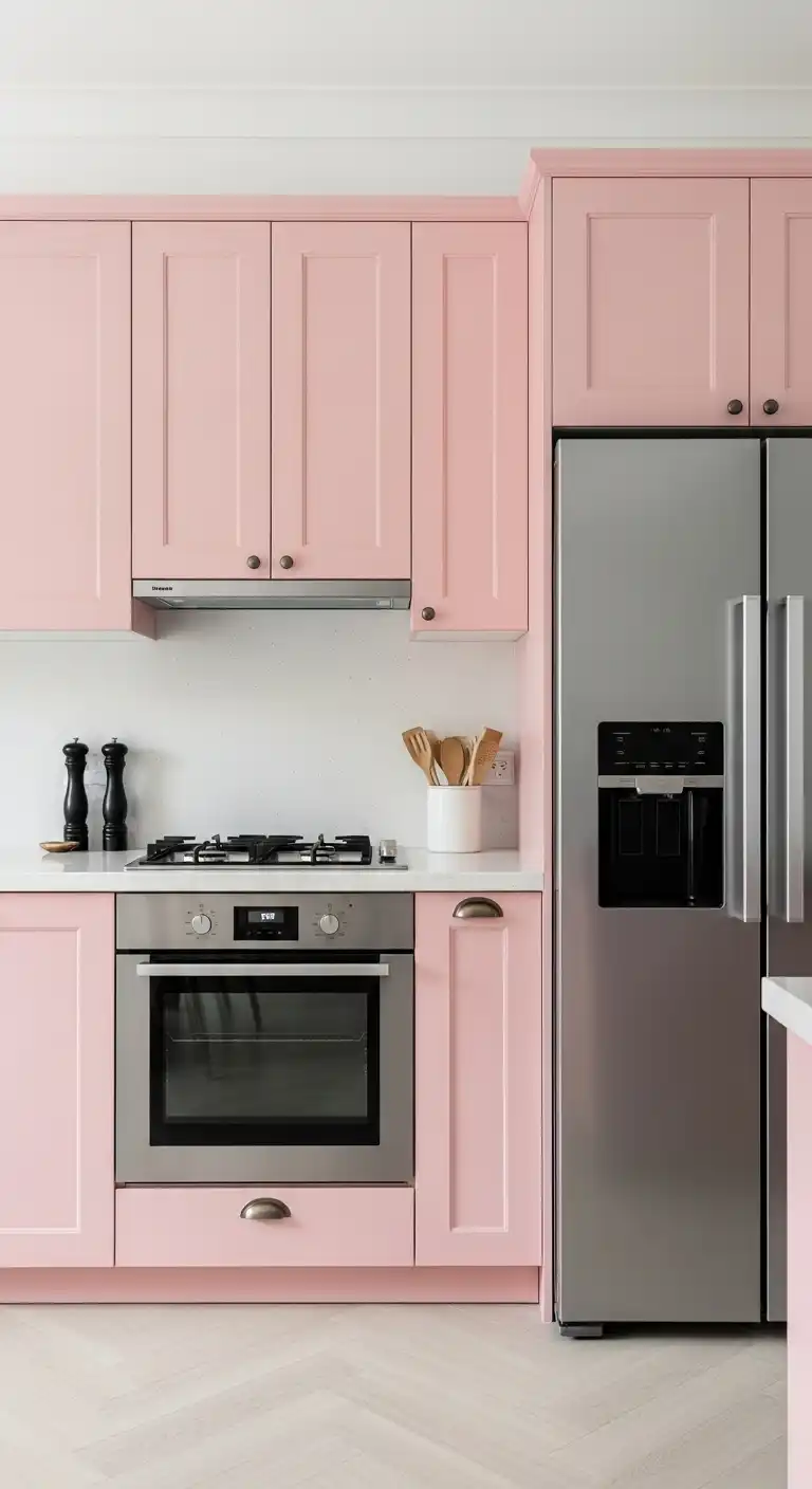 13) Pink cabinets accented by stainless steel appliances