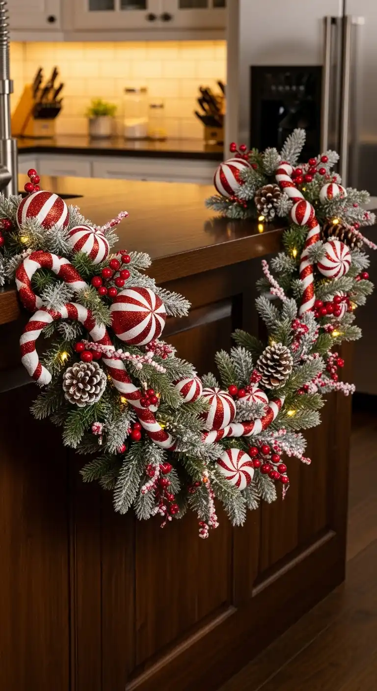 13. Candy Cane Inspired Garland Along the Counter Edge