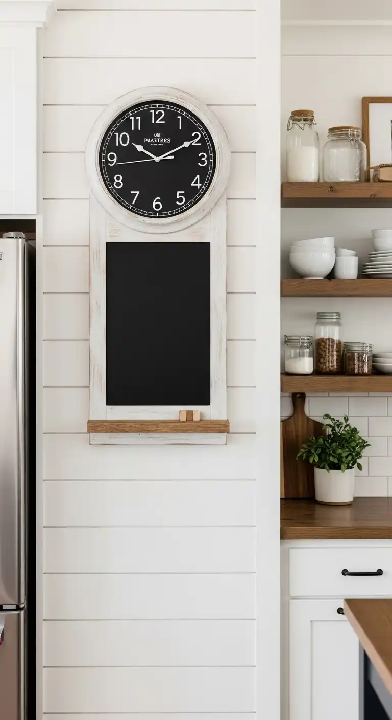 13. Chalkboard Farmhouse Kitchen Wall Clock for Notes and Reminders