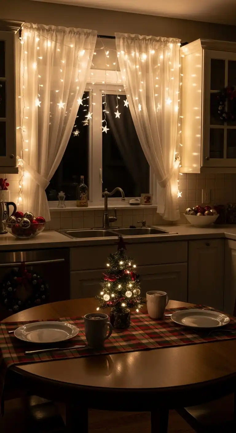13. Curtain String Lights in the Kitchen Dining Nook