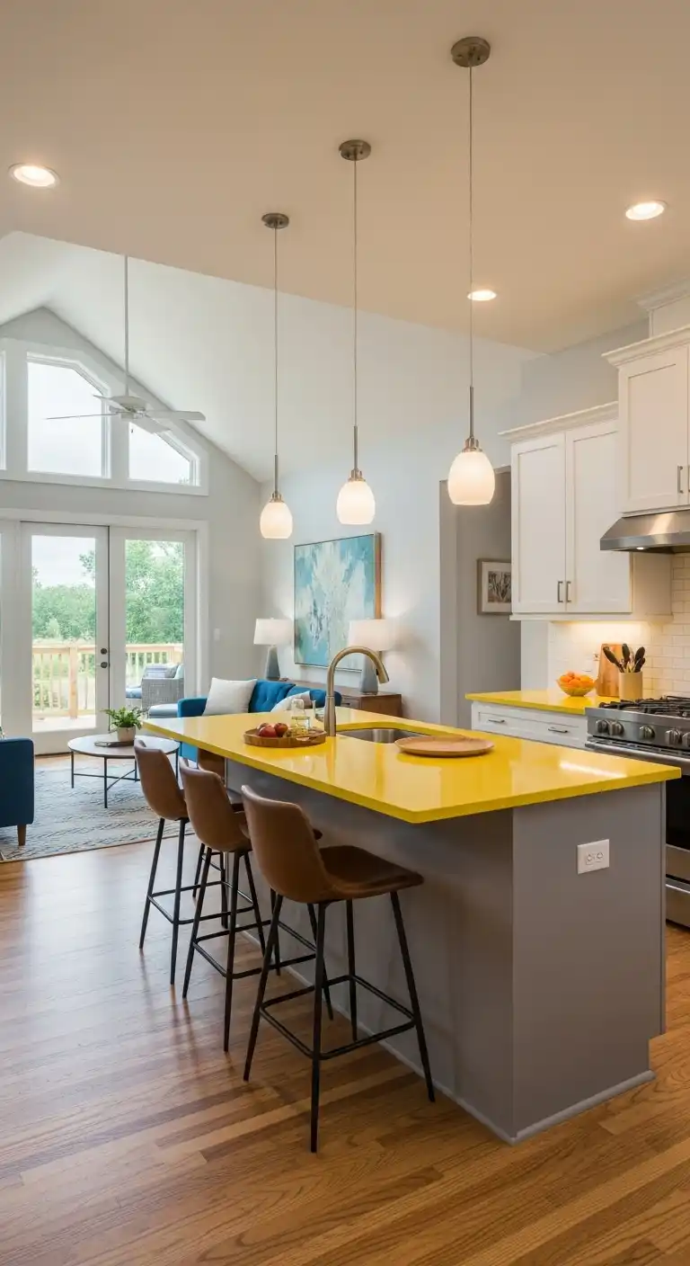 13. Open-Concept Design with a Yellow Island Counter