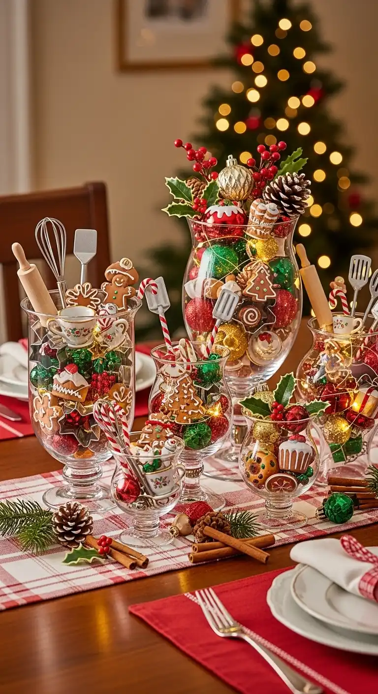 13. Ornament-Filled Glass Vases on the Dining Table