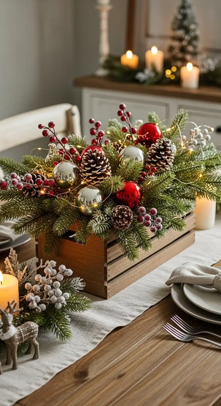13. Wooden Crate with Greenery and Ornaments