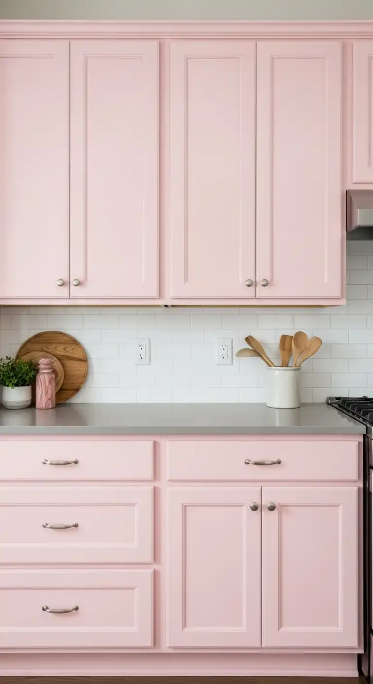 14) Light pink cabinets paired with neutral gray countertops