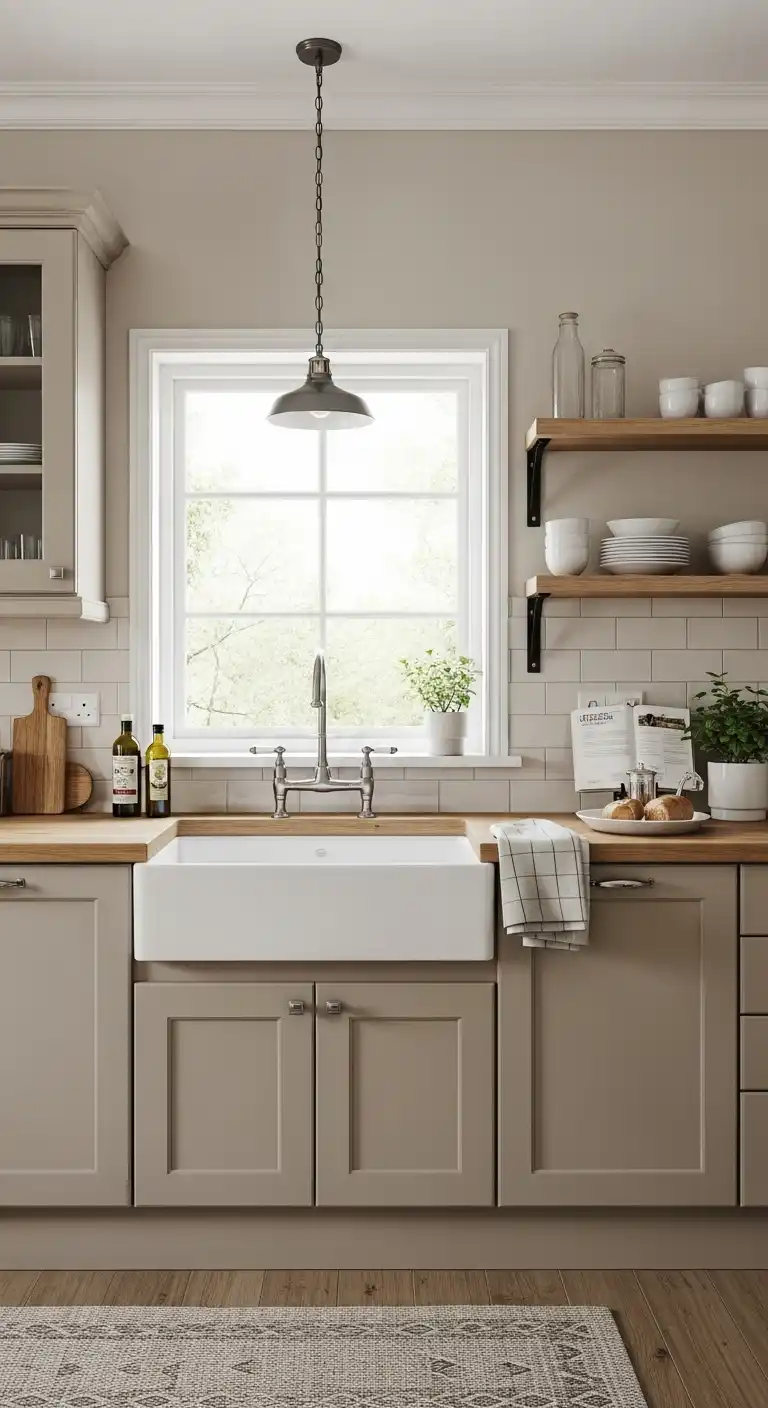 14. Beige Cabinets with Farmhouse Sink
