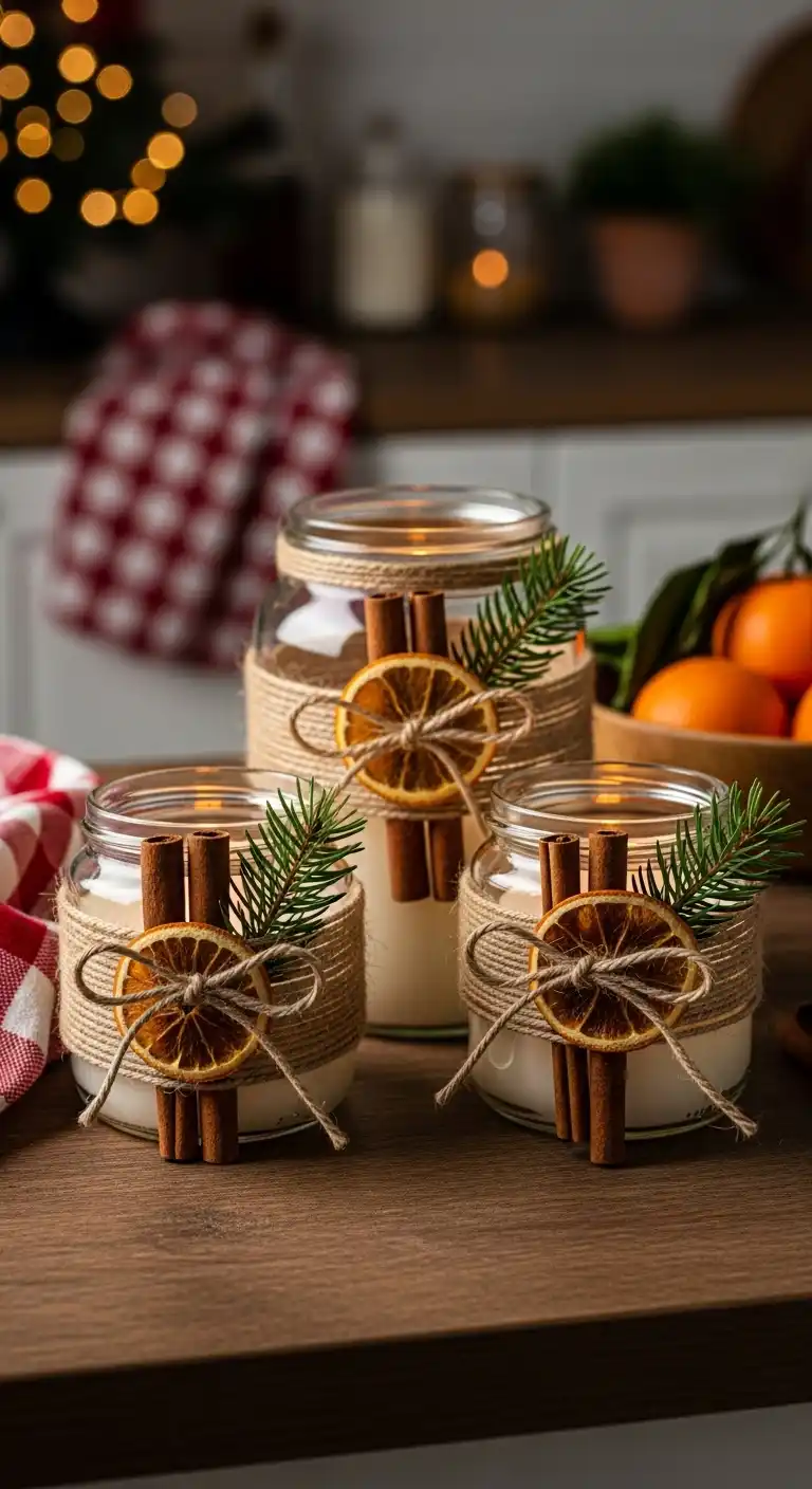 14. Candle Jars Decorated with Cinnamon Sticks and Twine