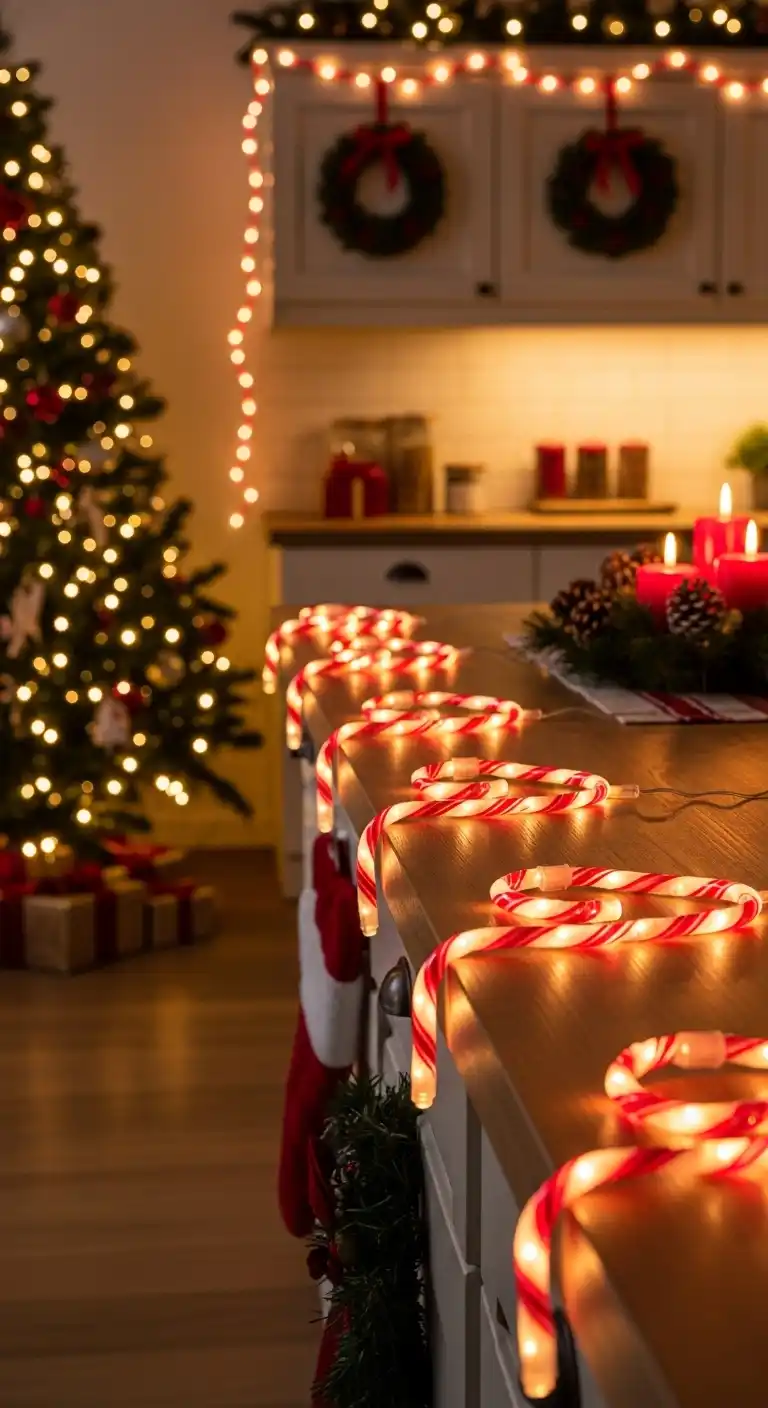 14. Candy Cane Themed Rope Lights on the Counter Edge