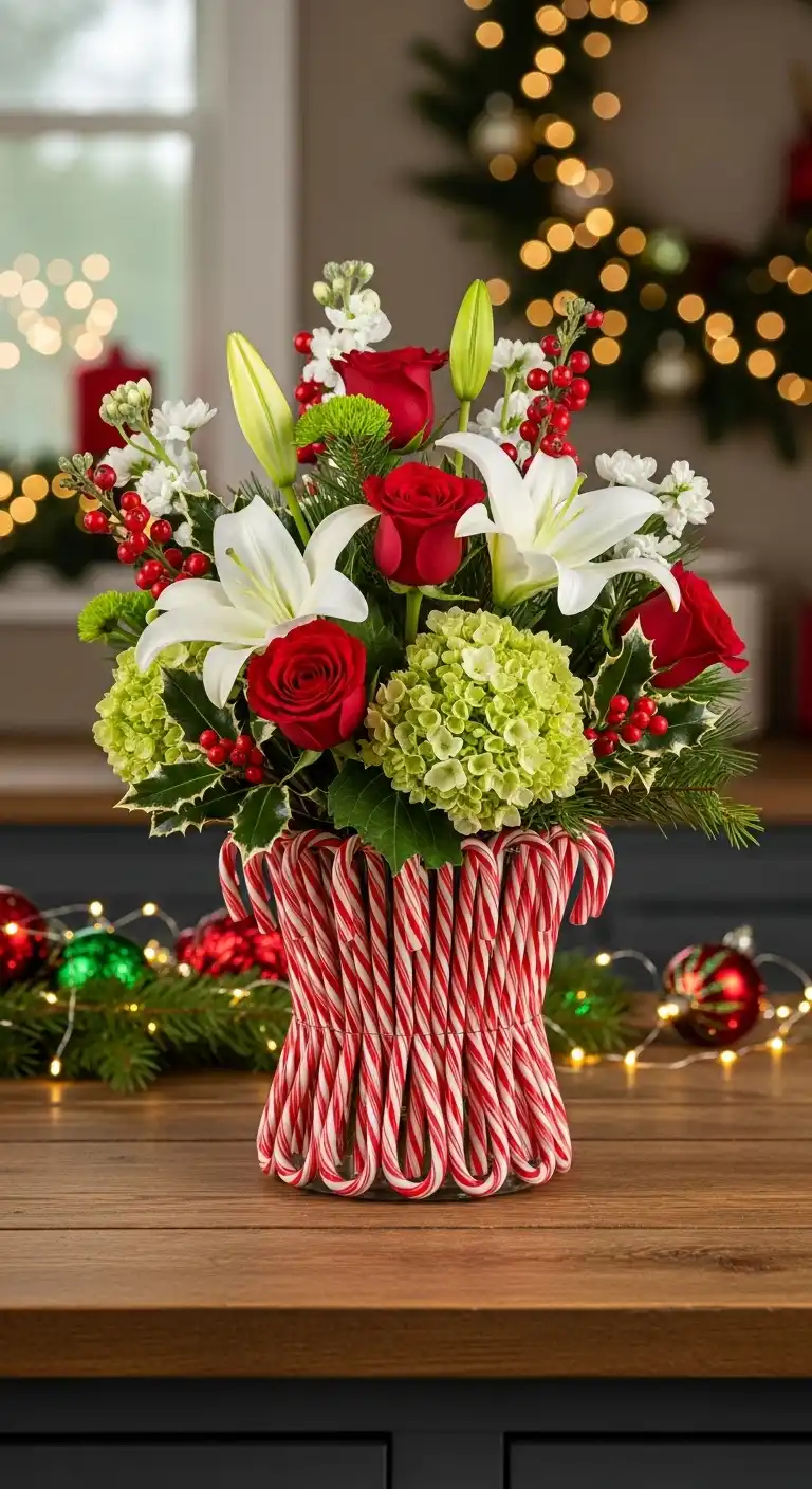 14. Candy Cane Vase Filled with Fresh Flowers