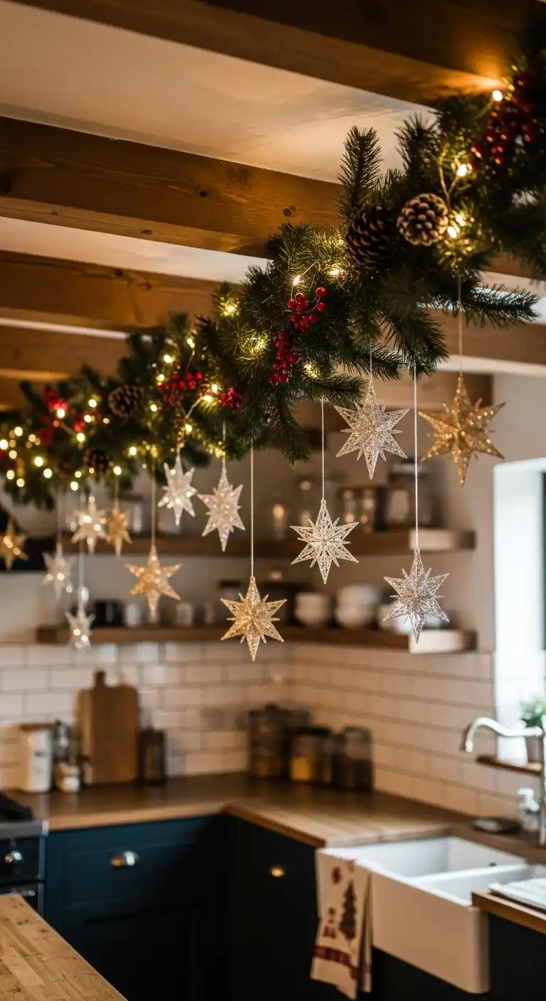 14. Garland with Hanging Stars Across Ceiling Beams