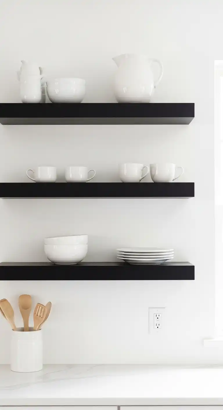 14. Matte Black Shelving Against White Walls