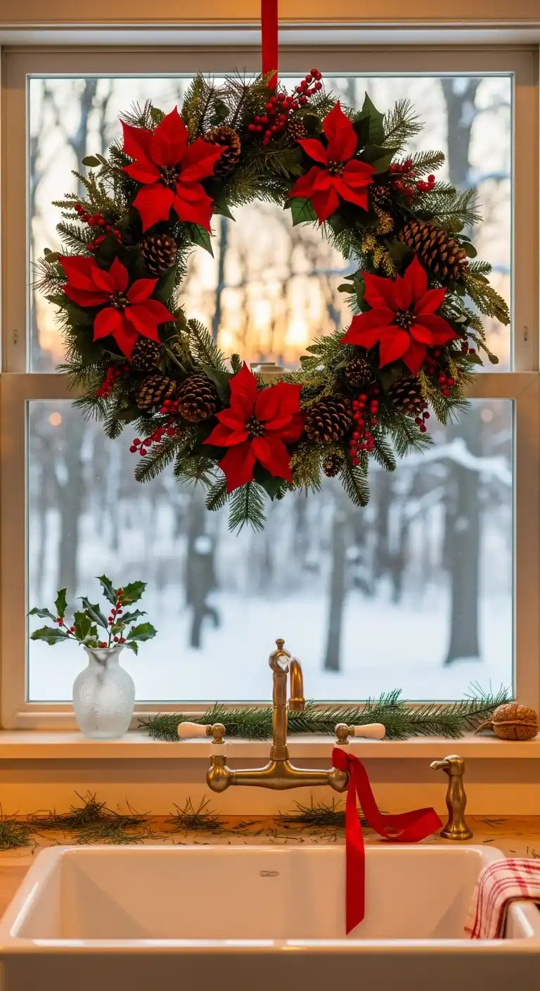 14. Poinsettia Wreath Over a Kitchen Window