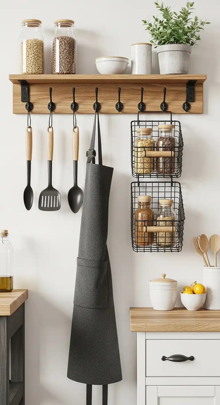 14. Rustic Wall Hooks for Utensils and Aprons