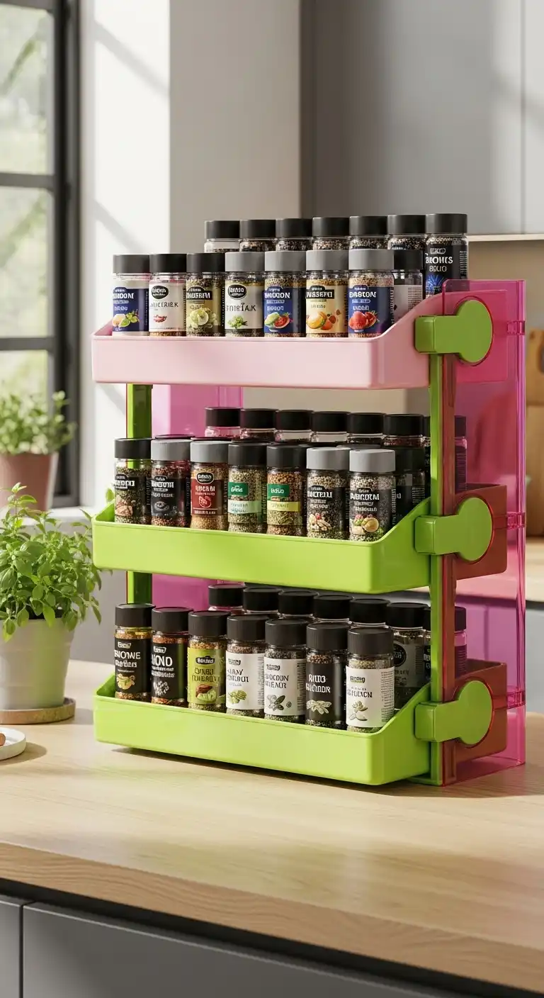 15) Pink and Green Adjustable Spice Rack