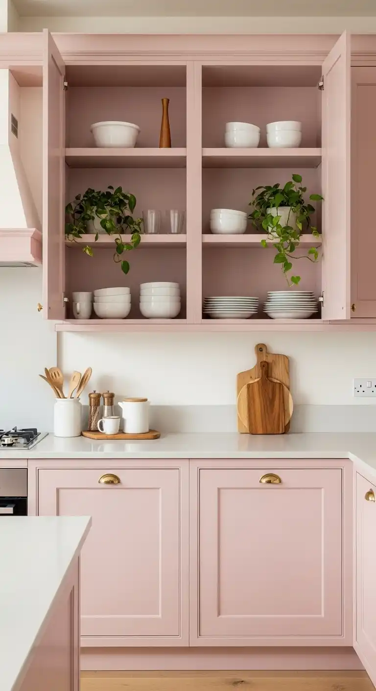 15) Soft pink cabinetry with open shelving