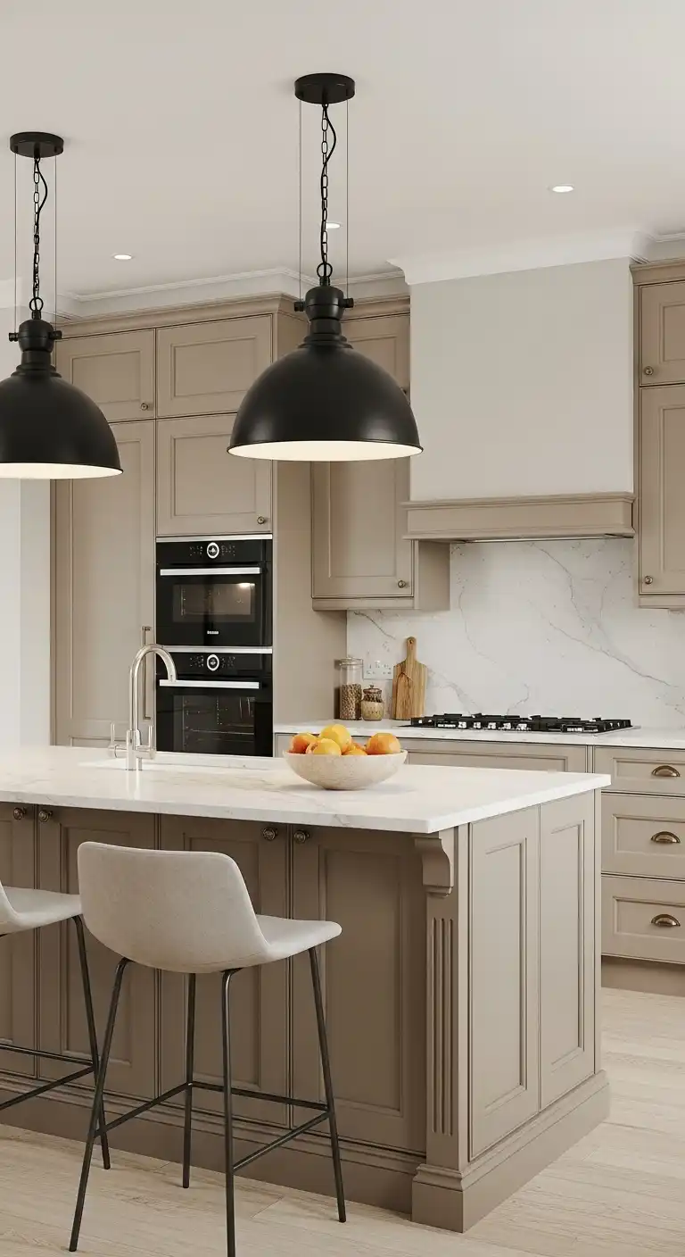 15. Beige Cabinets with Contrasting Island Lighting