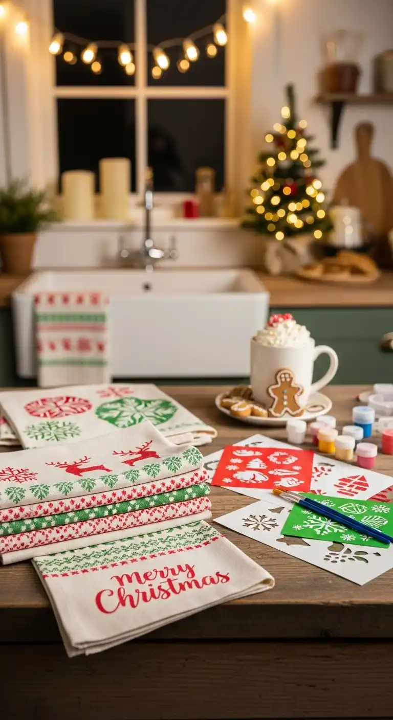 15. DIY Christmas Tea Towels with Stenciled Patterns