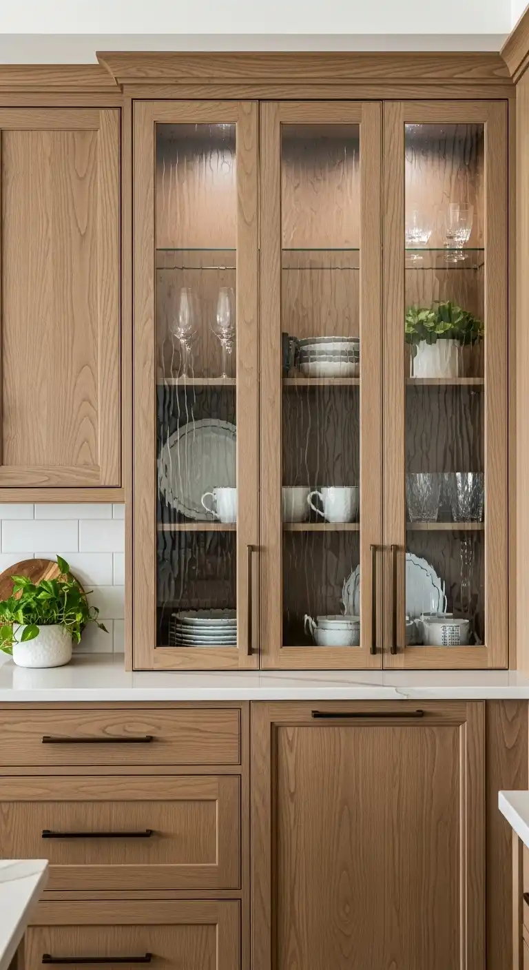 15. Earthy Cabinets with Glass Inserts