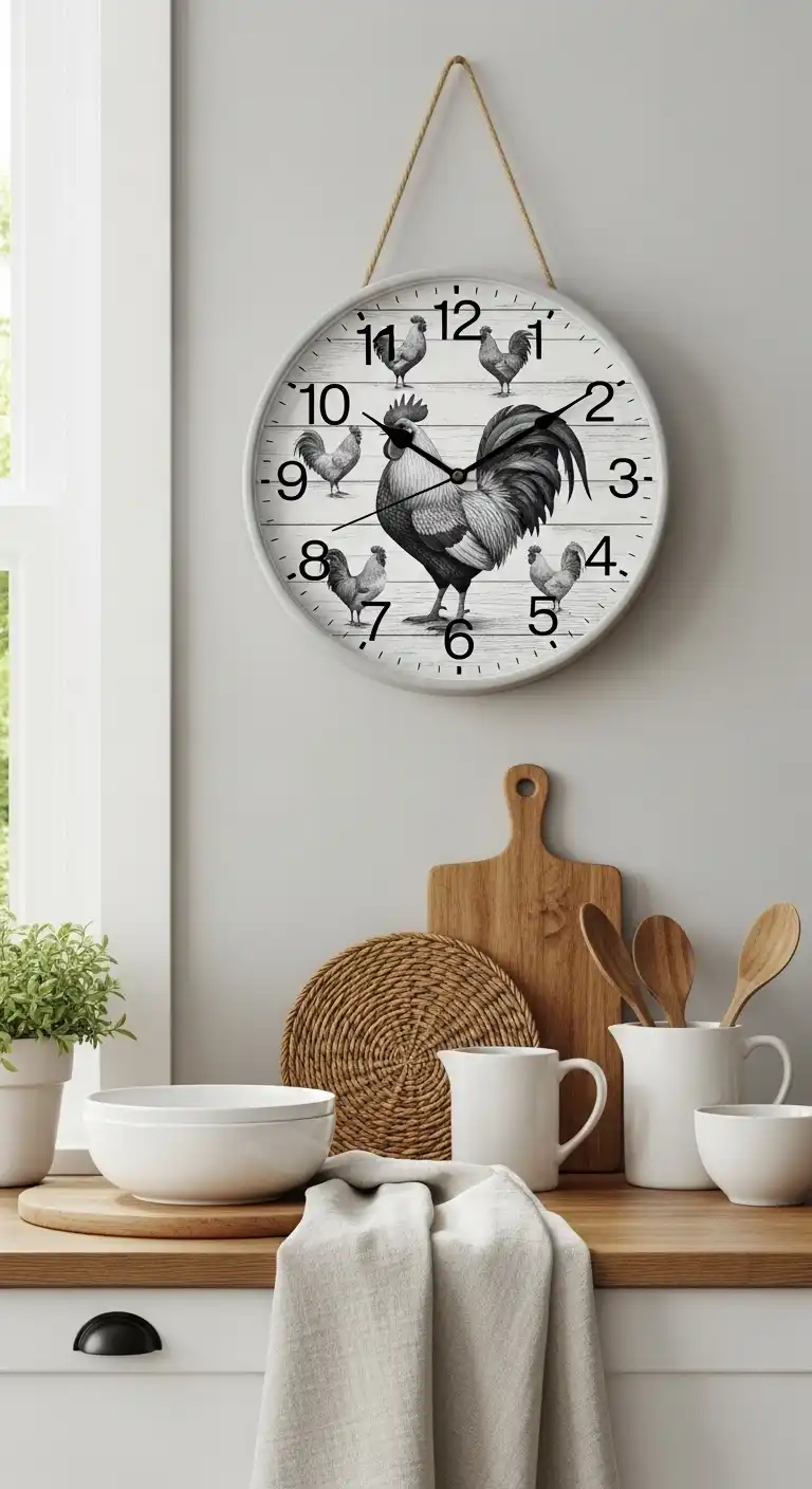 15. Farmhouse Kitchen Clock with Rooster Motif