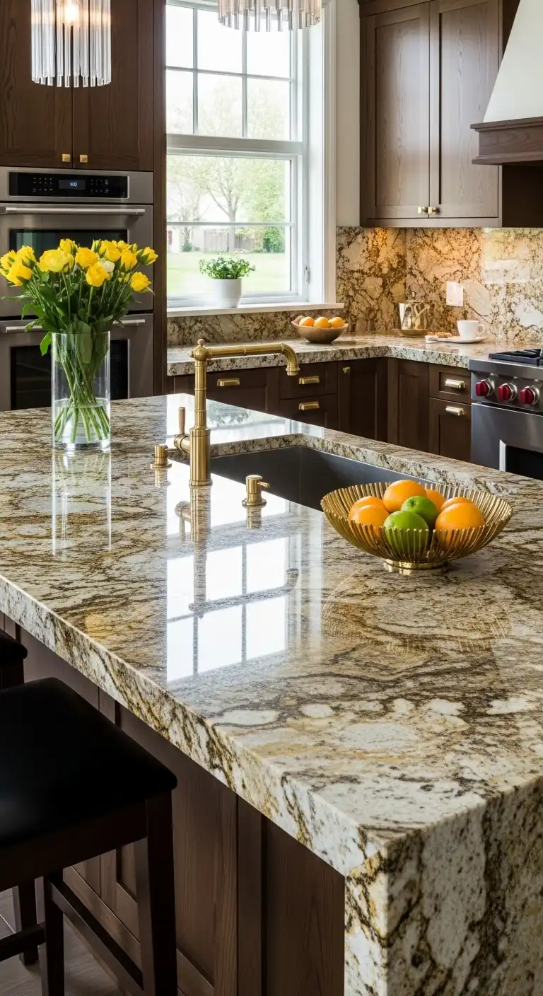 15. Luxurious Feel with Gold-Flecked Yellow Countertops