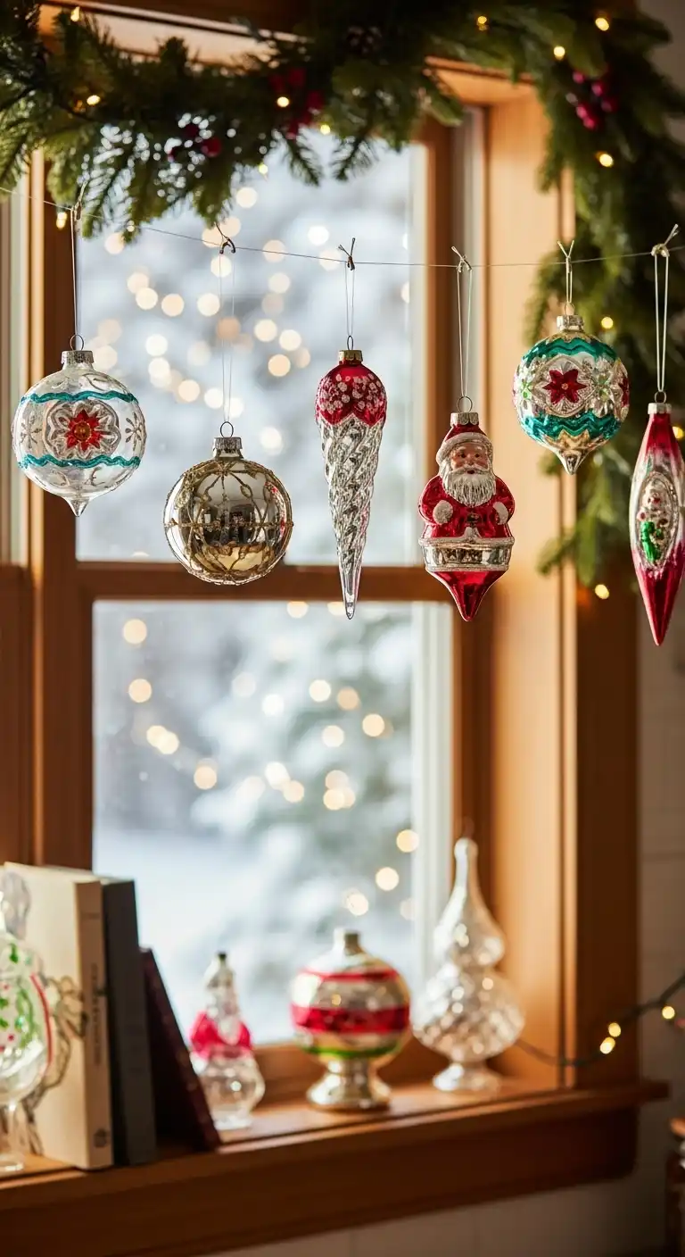 15. Vintage Glass Ornaments Hung in the Window