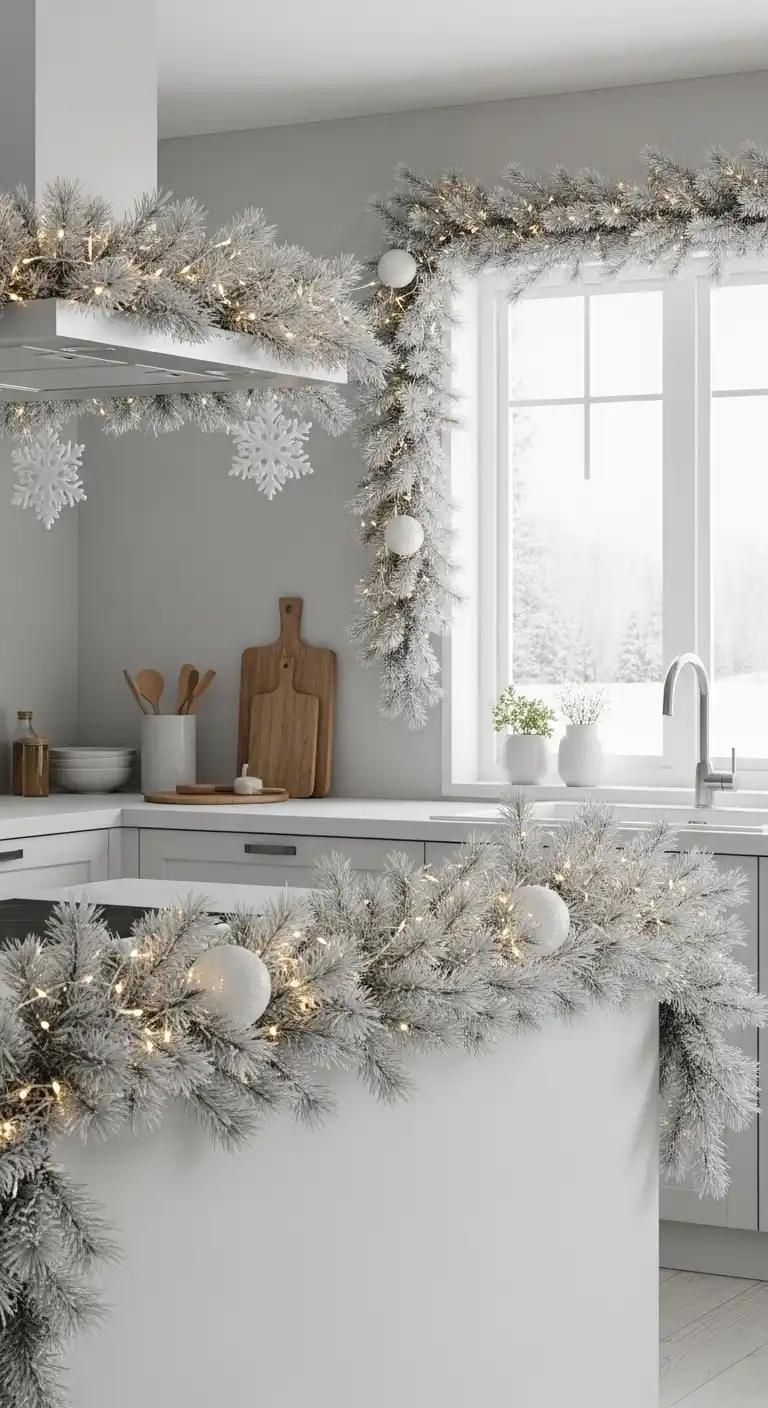 15. White Garland for a Minimalist Winter Kitchen