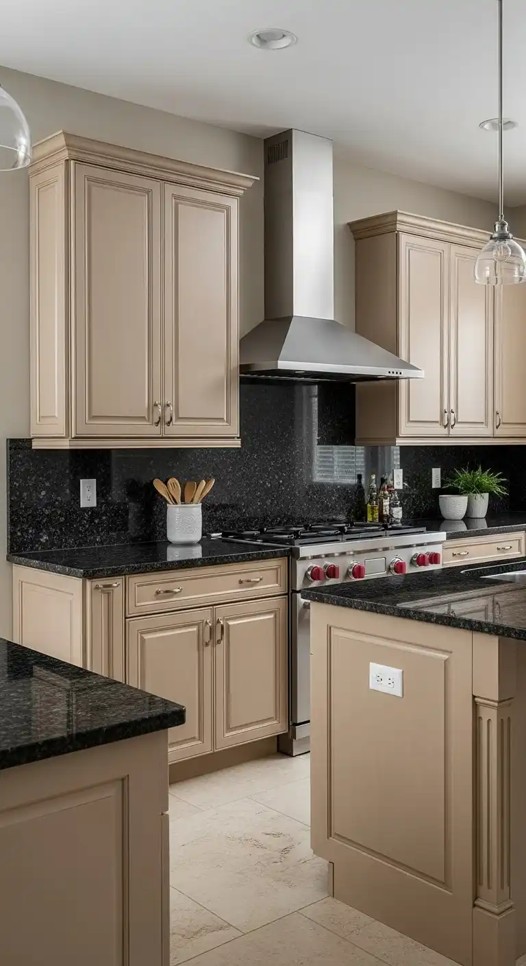 16. Beige Cabinets with Dark Granite Countertops