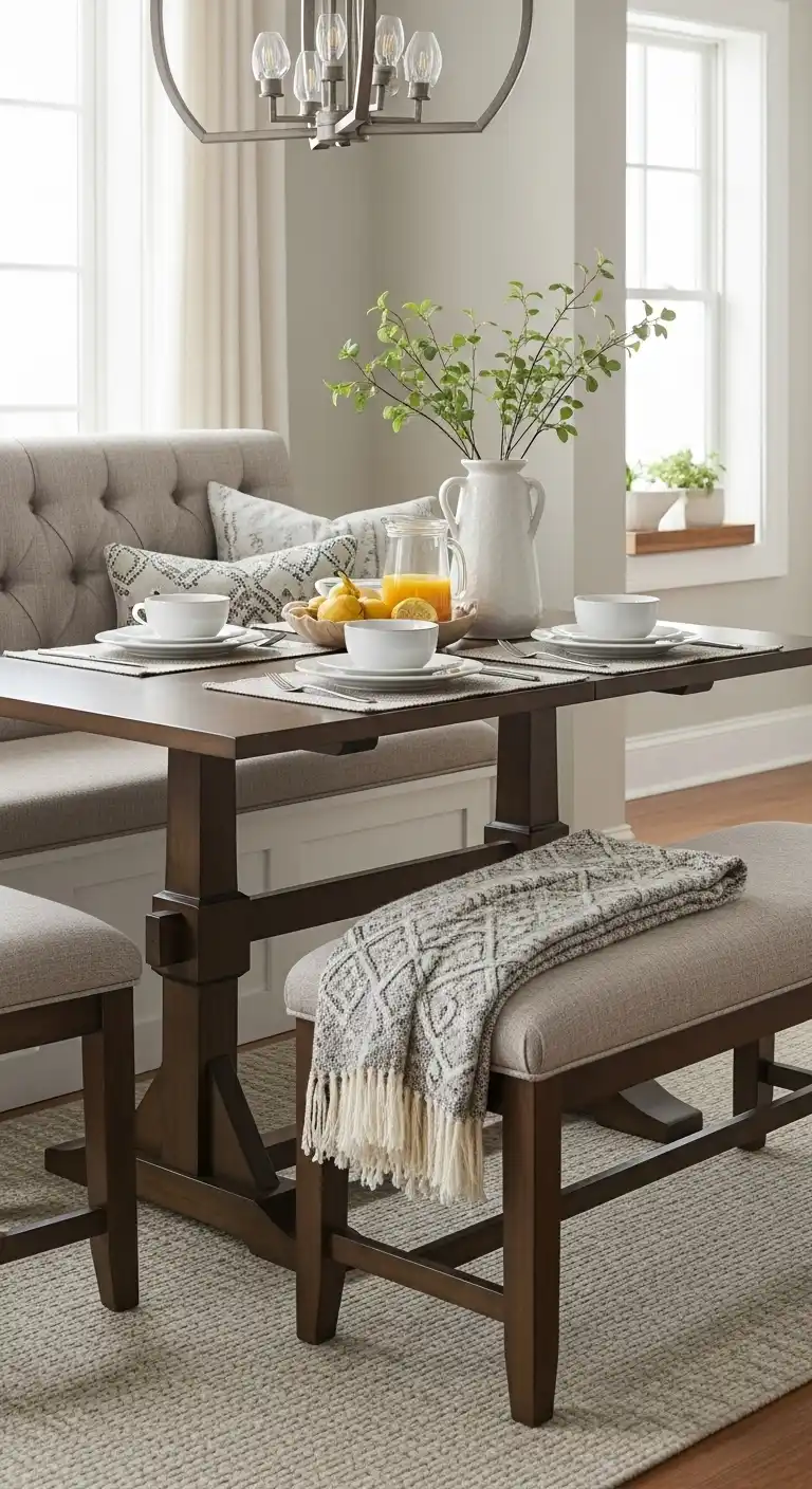 16. Cozy Upholstered Bench with Small Nook Table