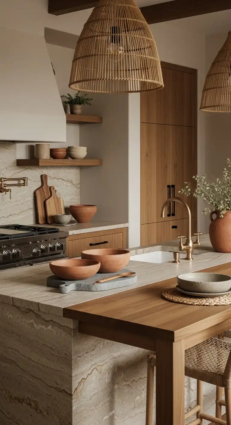16. Earthy Kitchen Island with Stone or Wood Top