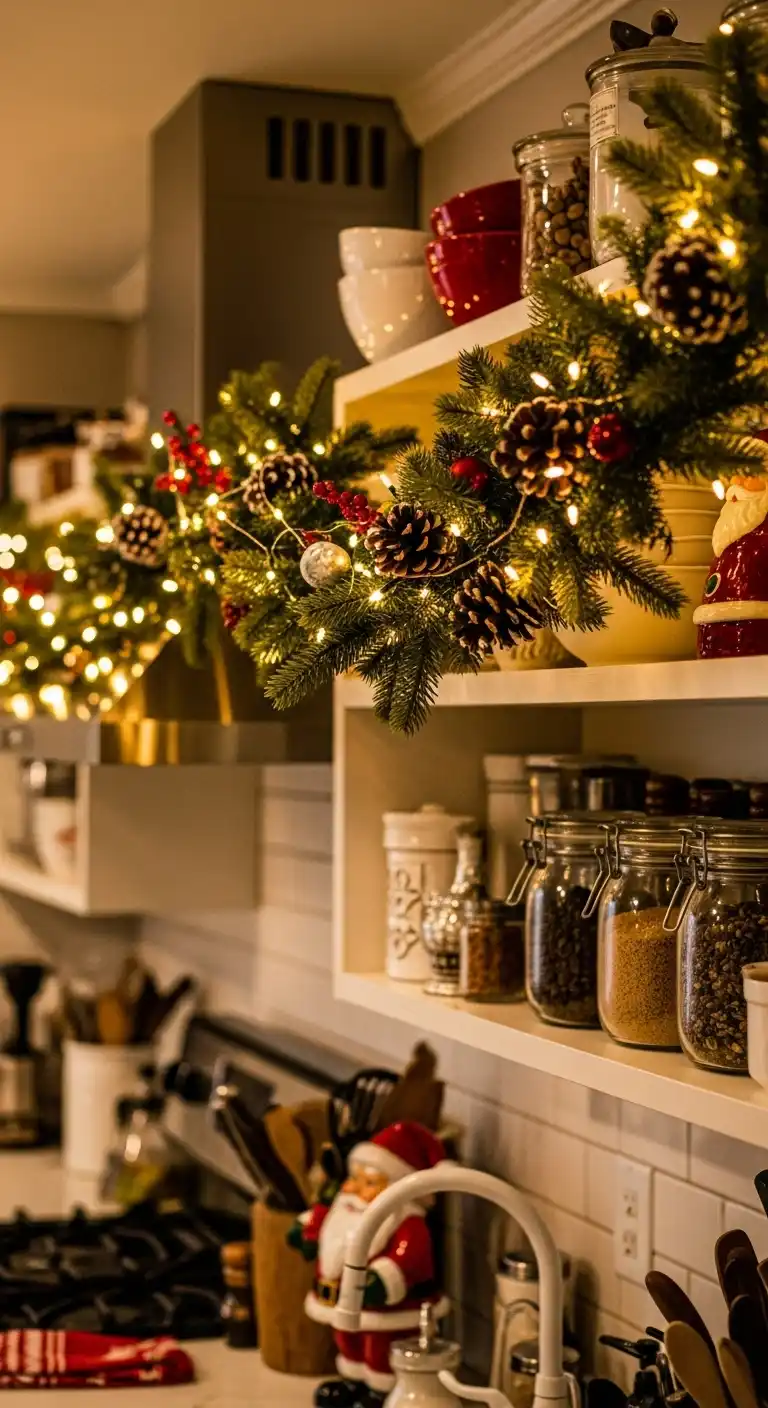 16. Garland Intertwined with Twinkle Lights on Shelves