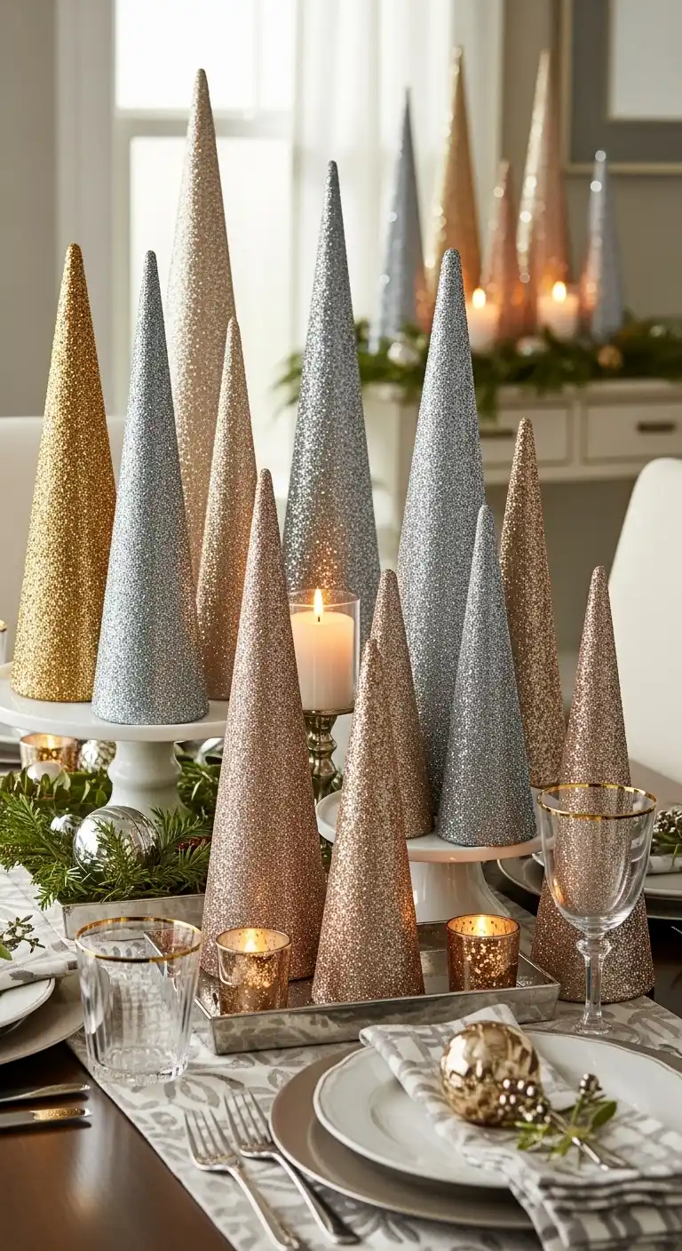 16. Glittery Cone Trees Display