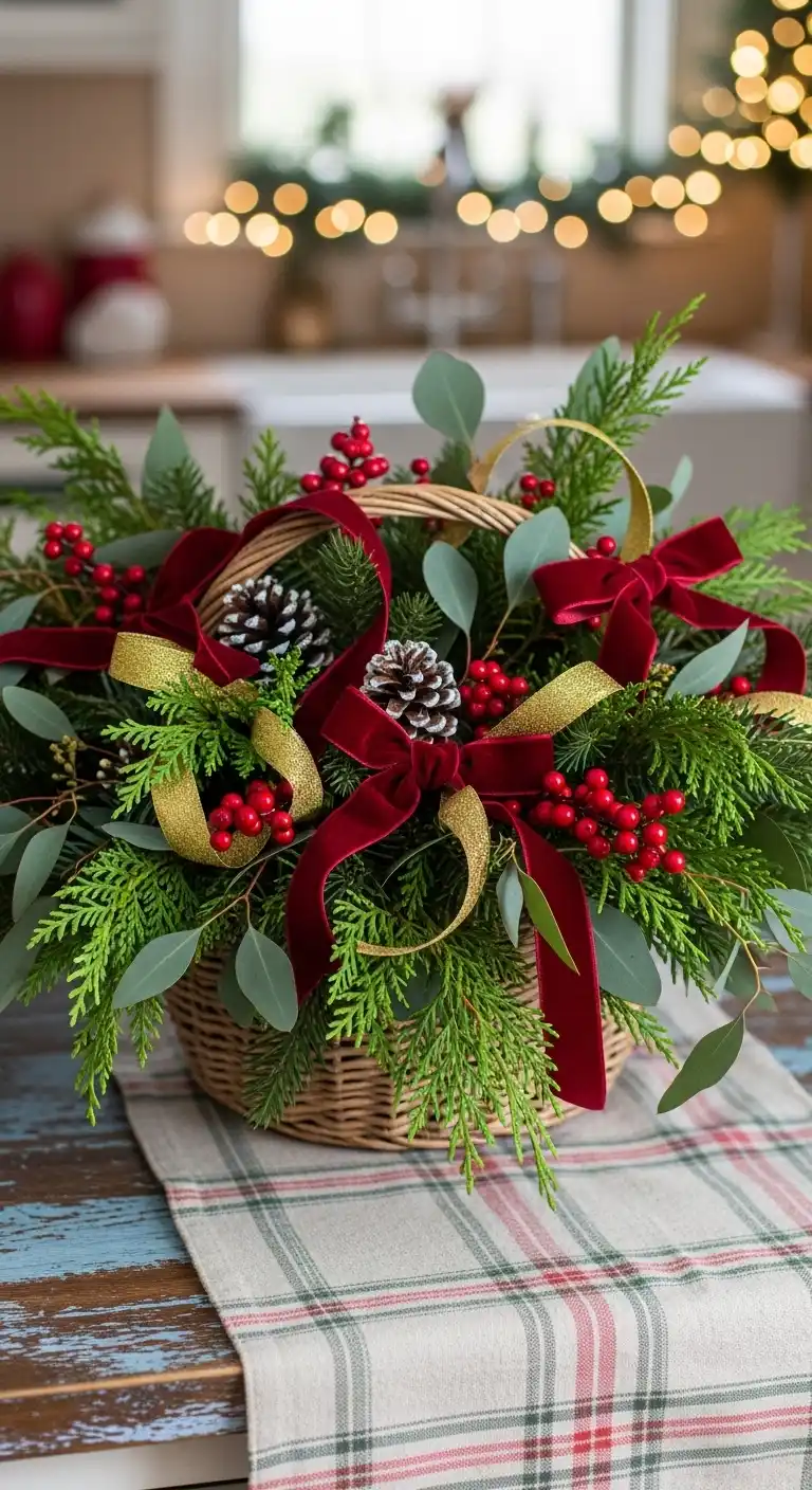 16. Rustic Basket Overflowing with Greenery and Ribbons