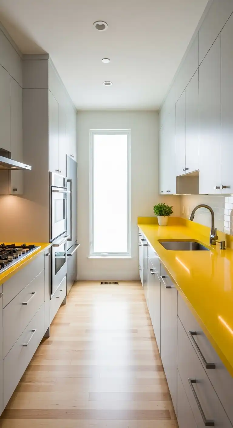 16. Using a Yellow Countertop in a Galley Kitchen