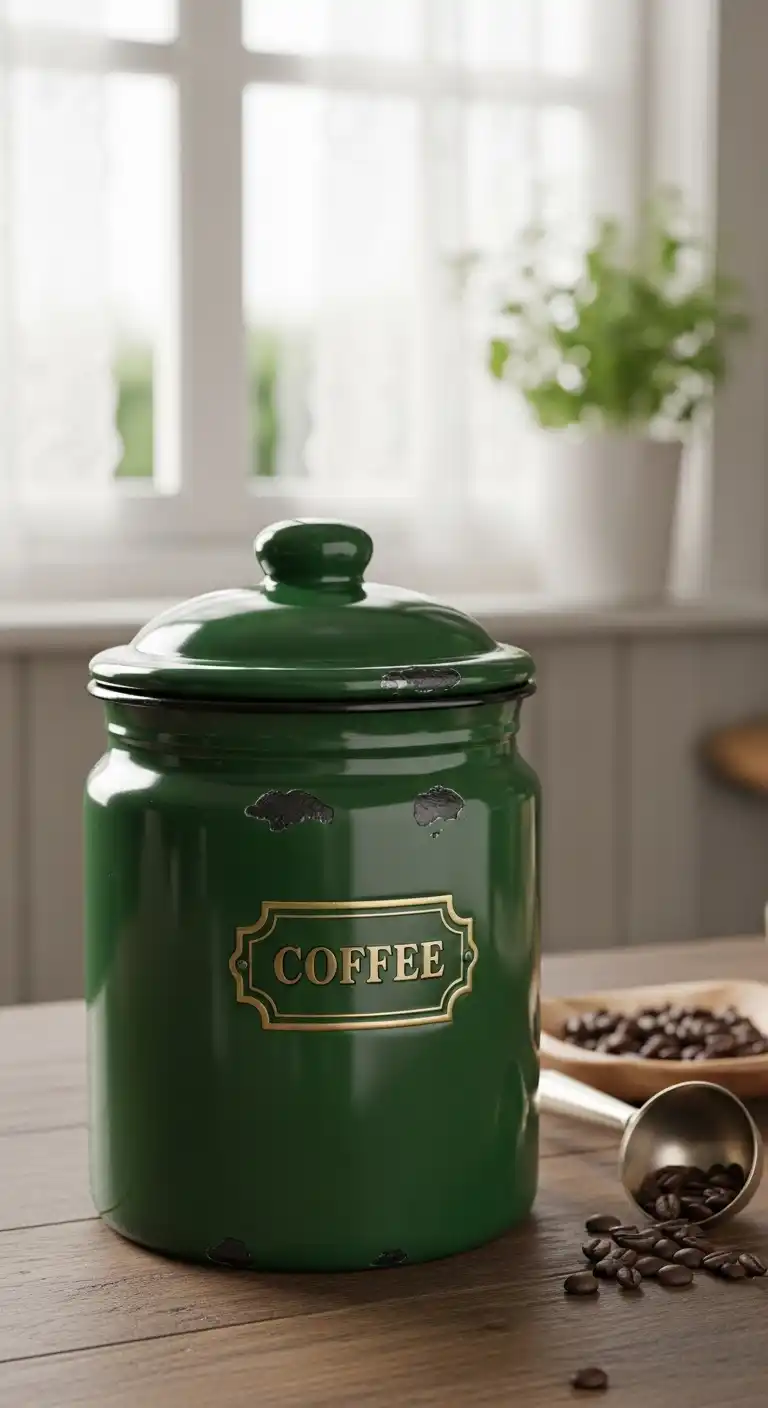 17) Green Enamel Coffee Canister