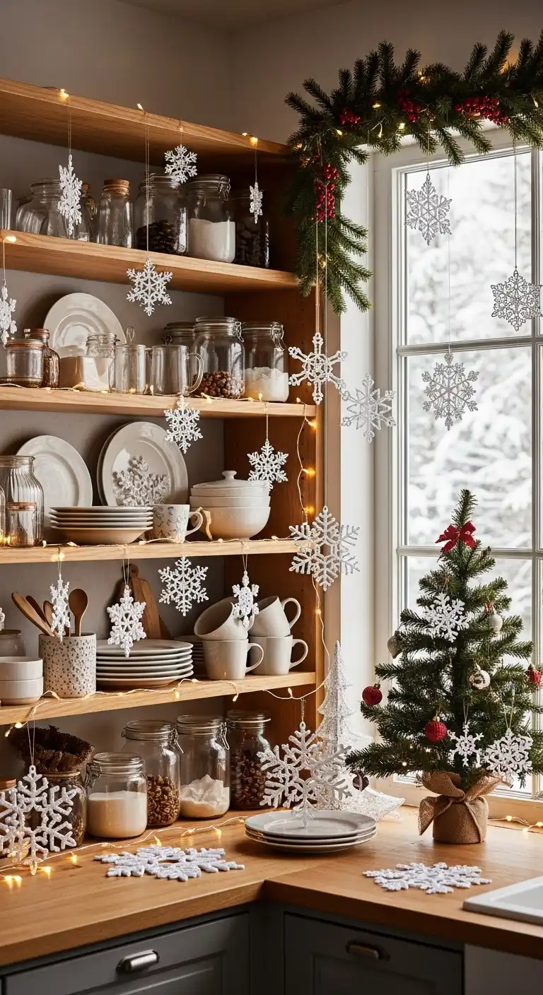 17. Snowflake Ornaments Scattered Across Shelving
