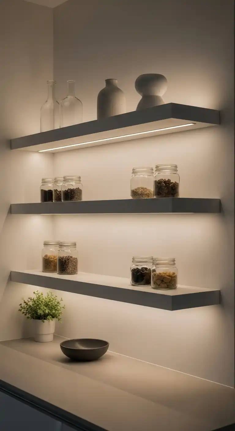 17. Tiered Shelves with Hidden Lighting