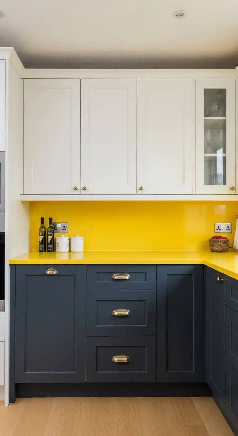 17. Two-Toned Cabinets with a Yellow Countertop