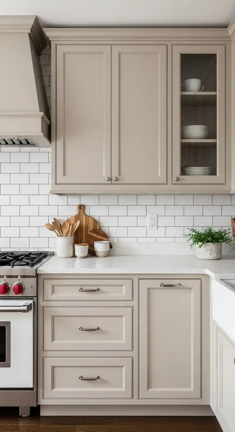 18. Beige Cabinets with Subway Tile Backsplash