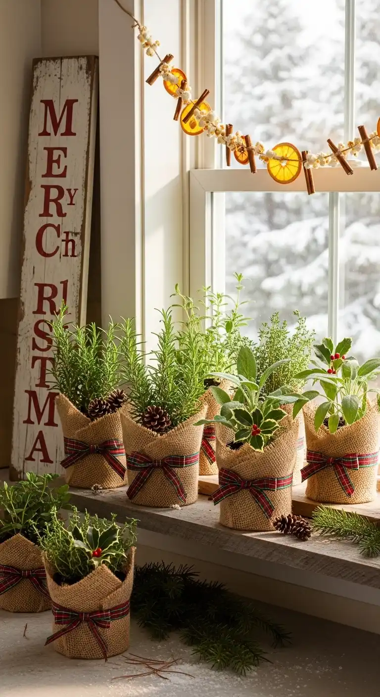 18. DIY Seasonal Herb Planters Wrapped with Burlap