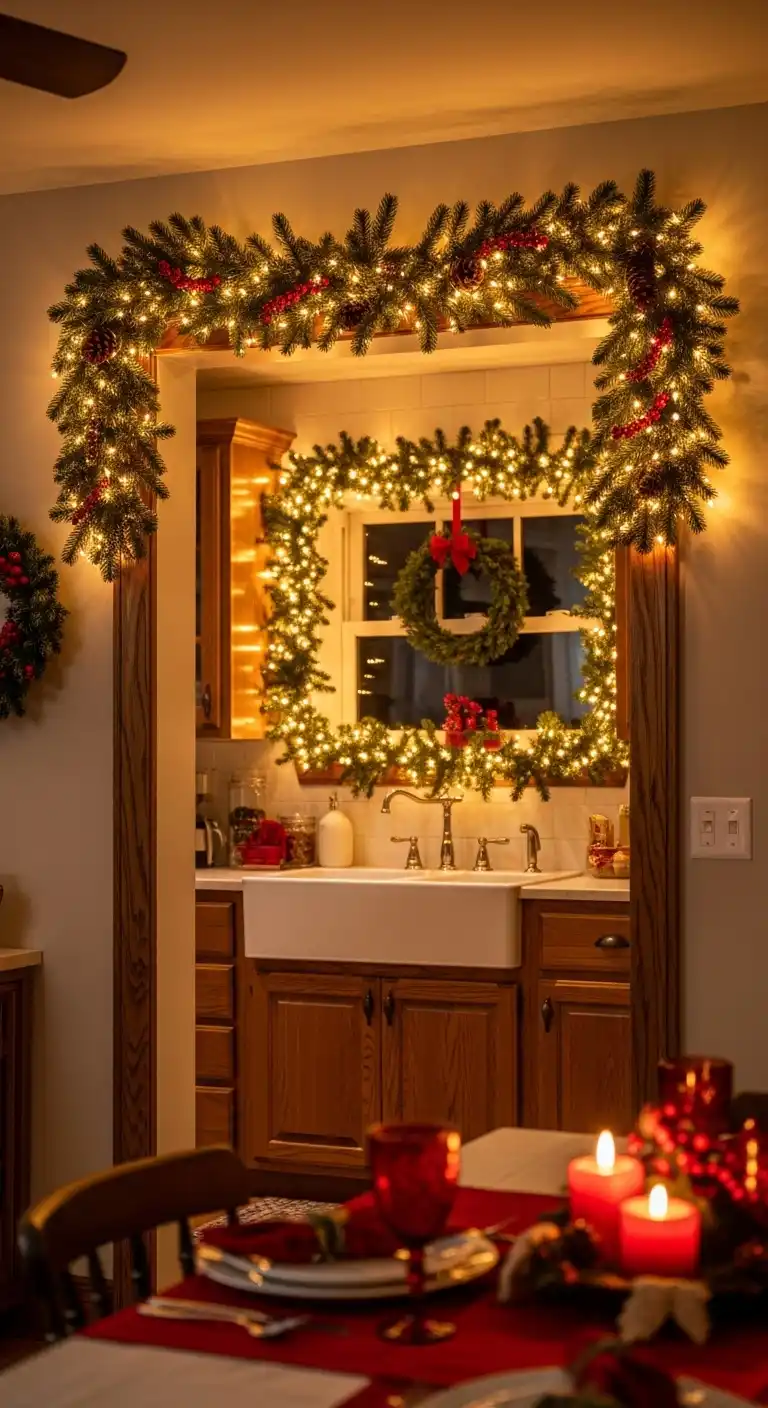 18. Garland with Twinkle Lights Draped Over Door Frames