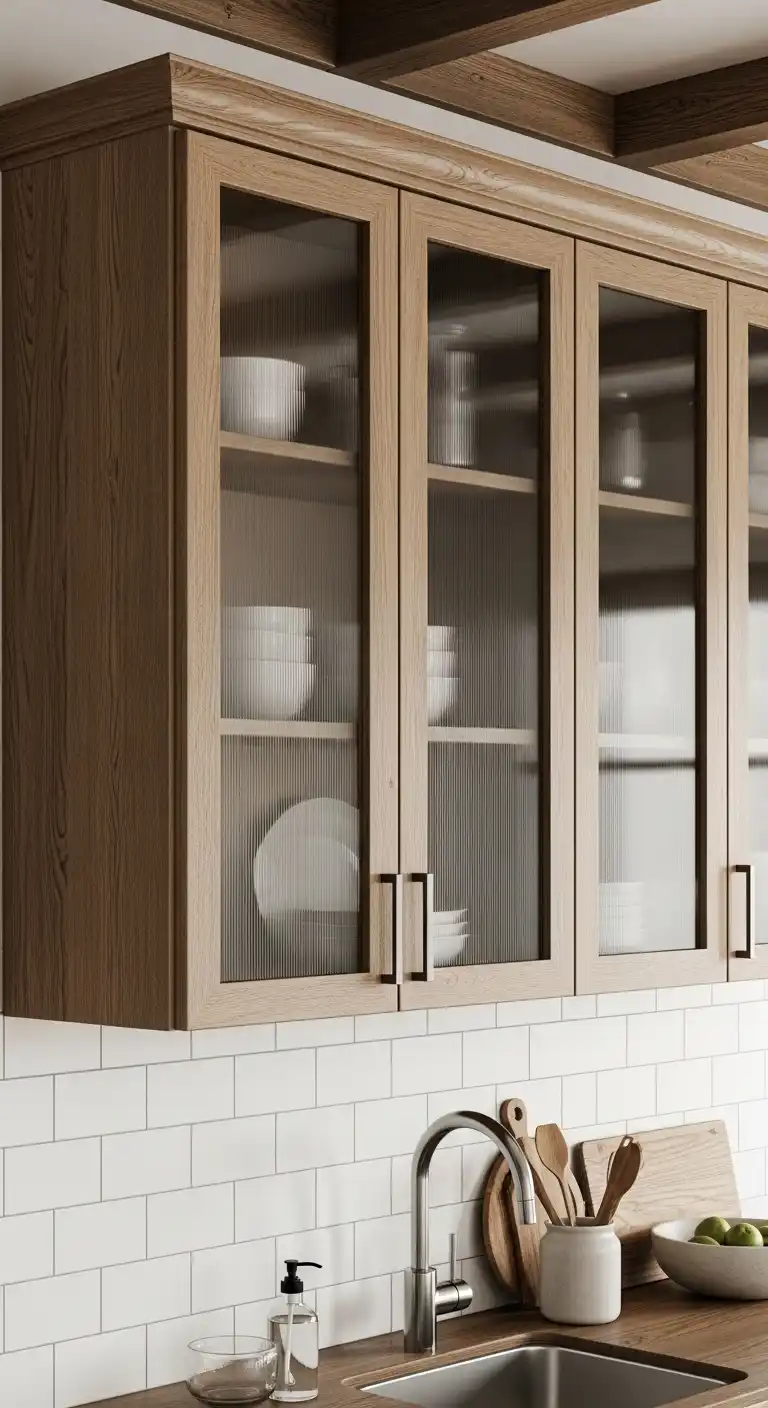18. Minimal Glass Cabinets with Wooden Trim