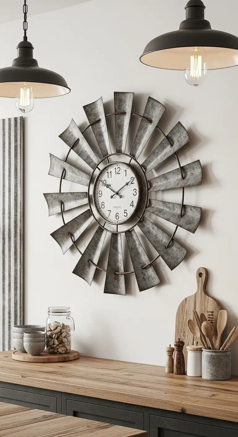 18. Rustic Windmill-Inspired Farmhouse Kitchen Wall Clock