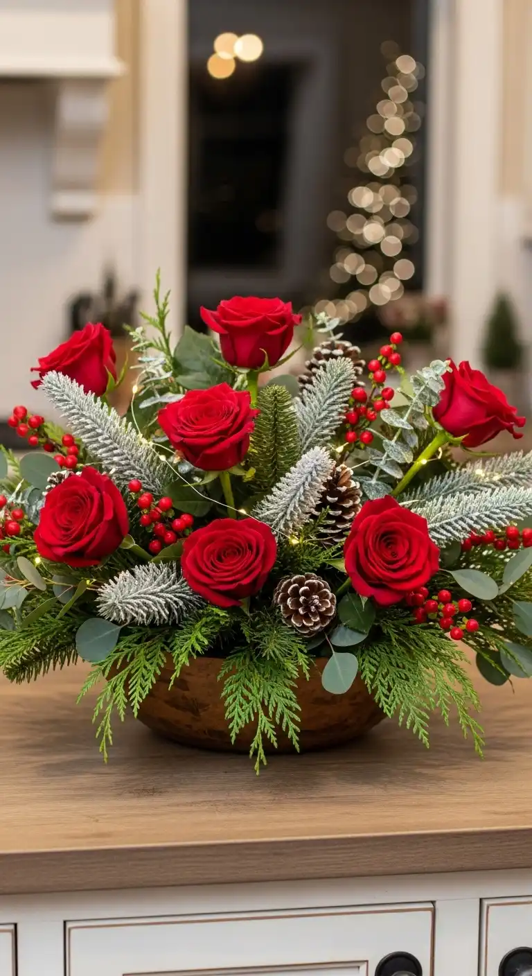 18. Traditional Red Roses Mixed with Winter Foliage