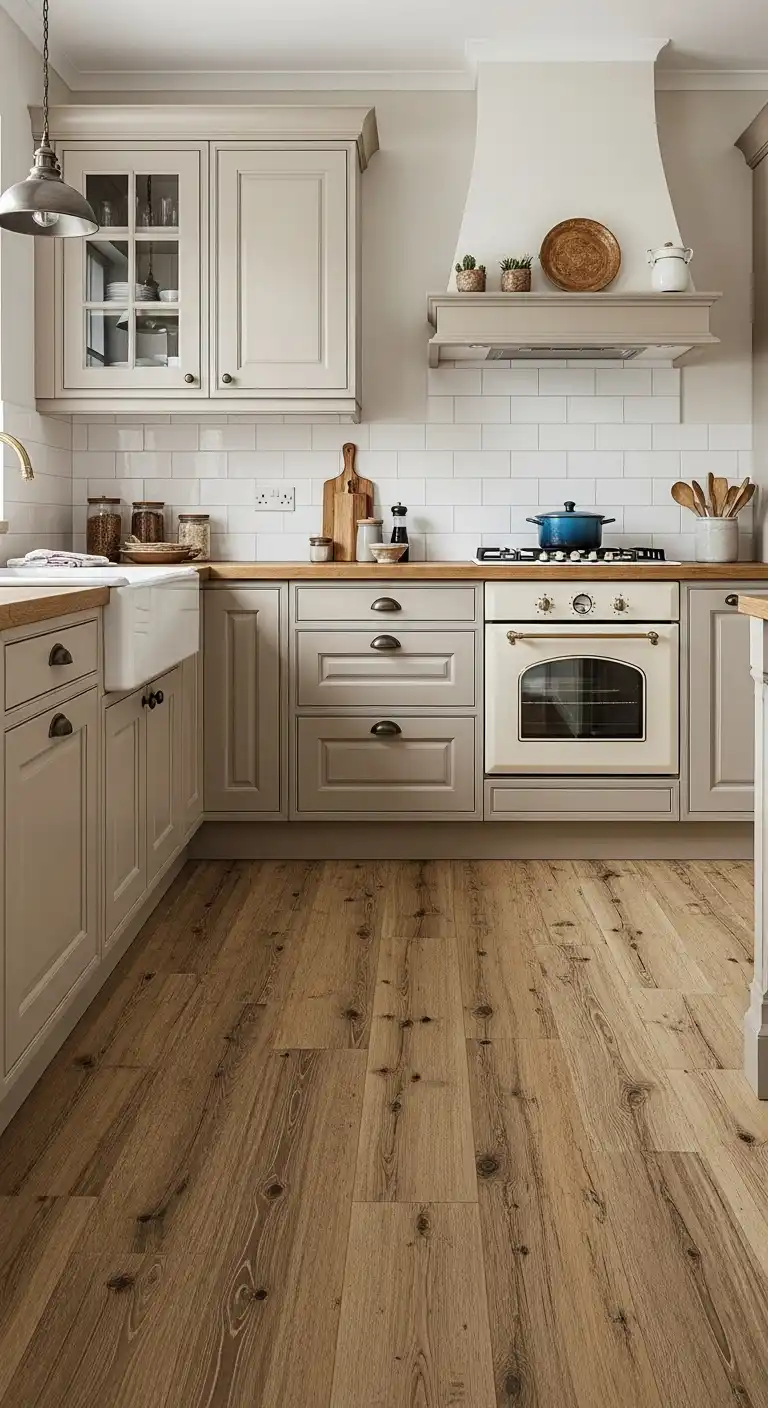19. Beige Cabinets with Rustic Wooden Flooring