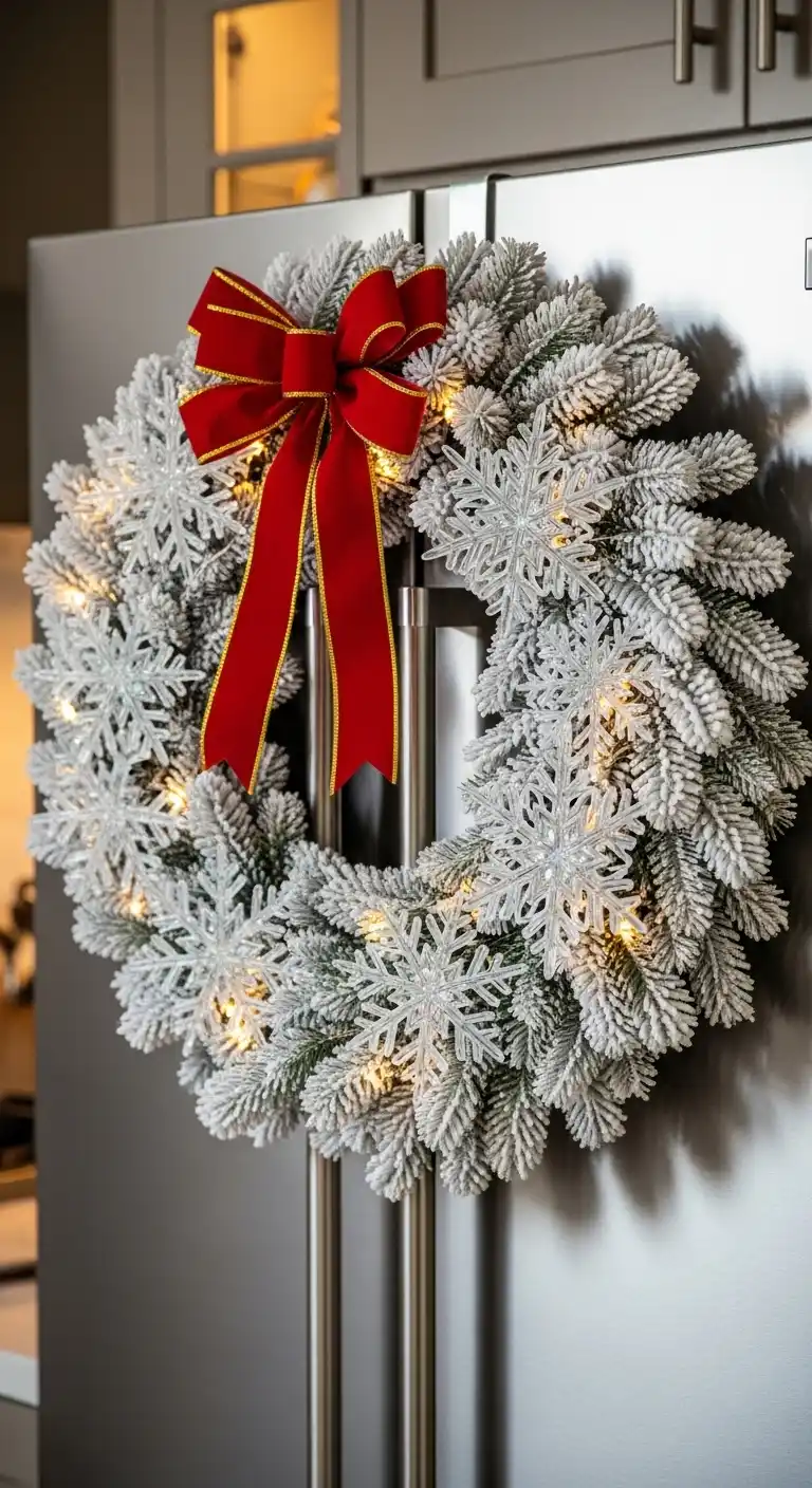 19. Frosted Snowflake Wreath on the Fridge Door