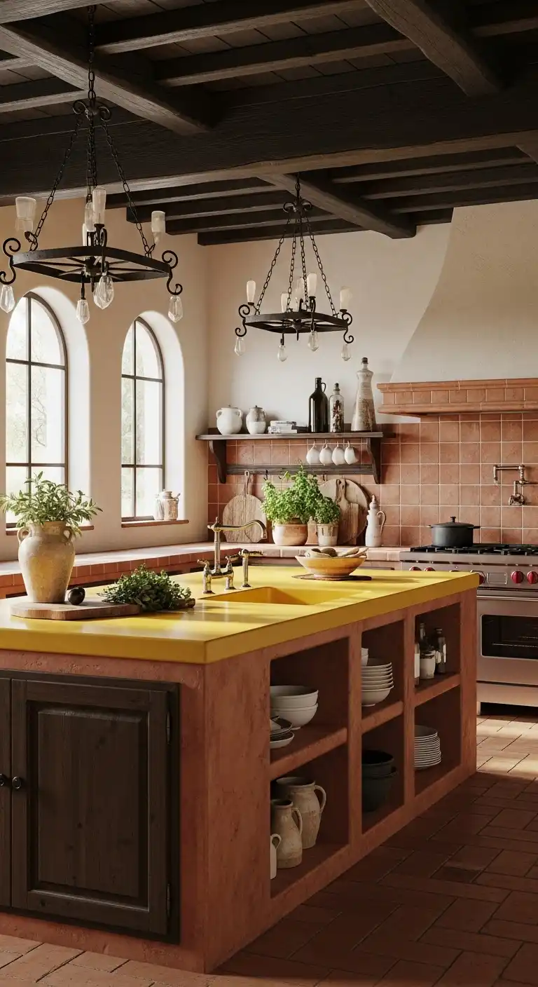 19. Mediterranean Style Yellow Countertops and Terracotta