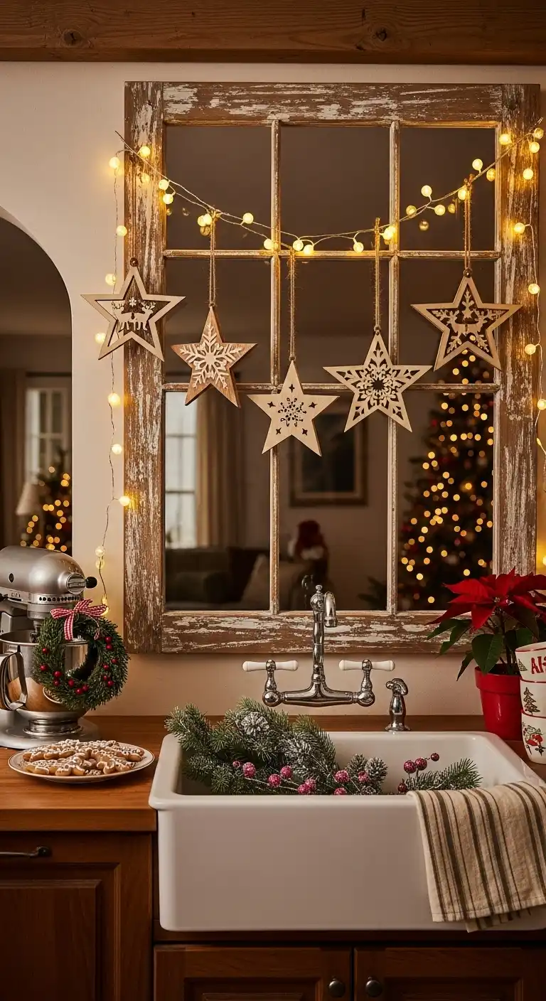 19. Rustic Wooden Star Ornaments Above the Sink