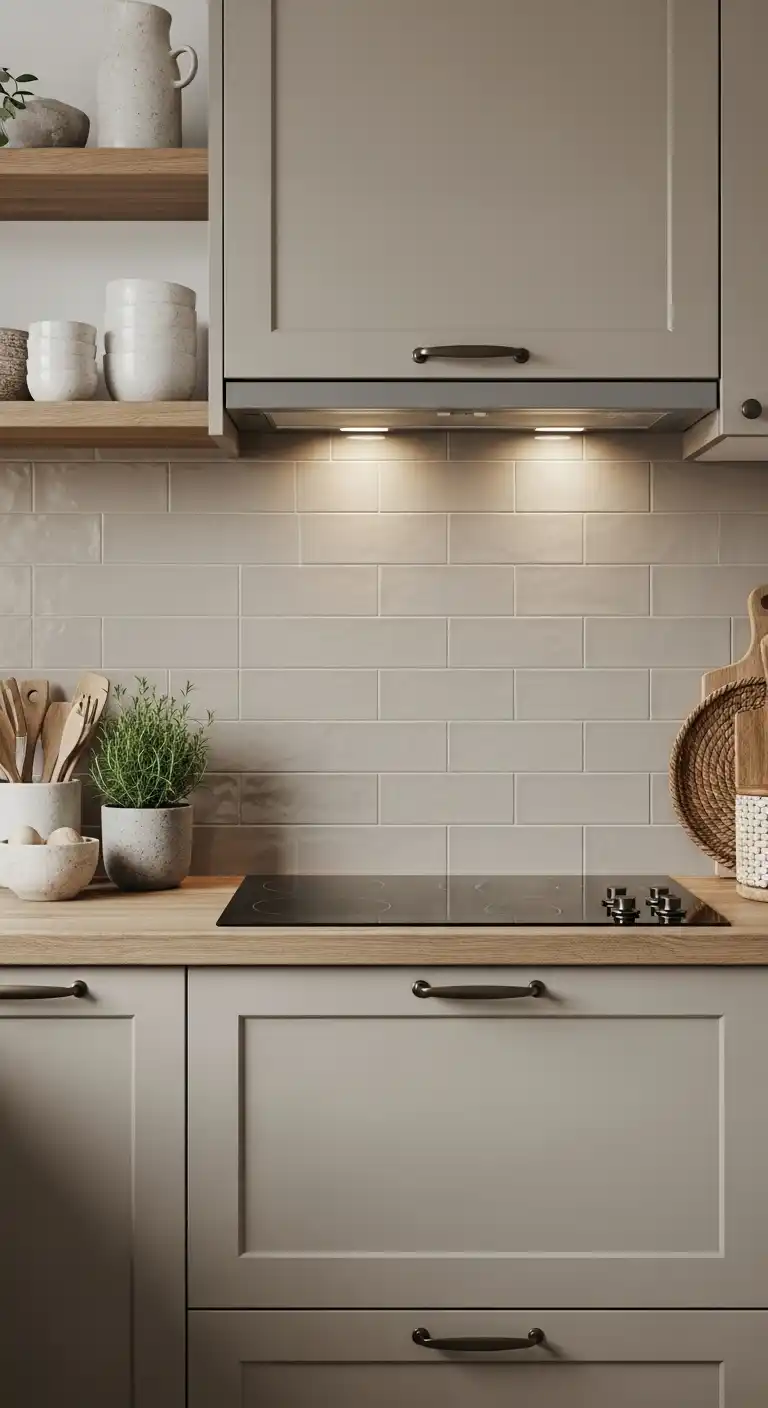 19. Soft Taupe Tile Backsplash