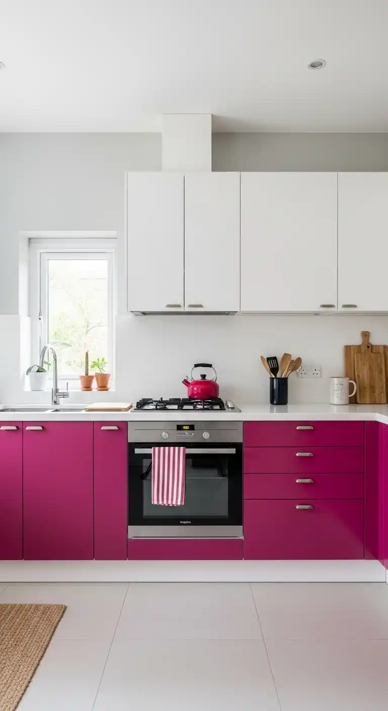 2) Vibrant fuchsia kitchen cabinet accents
